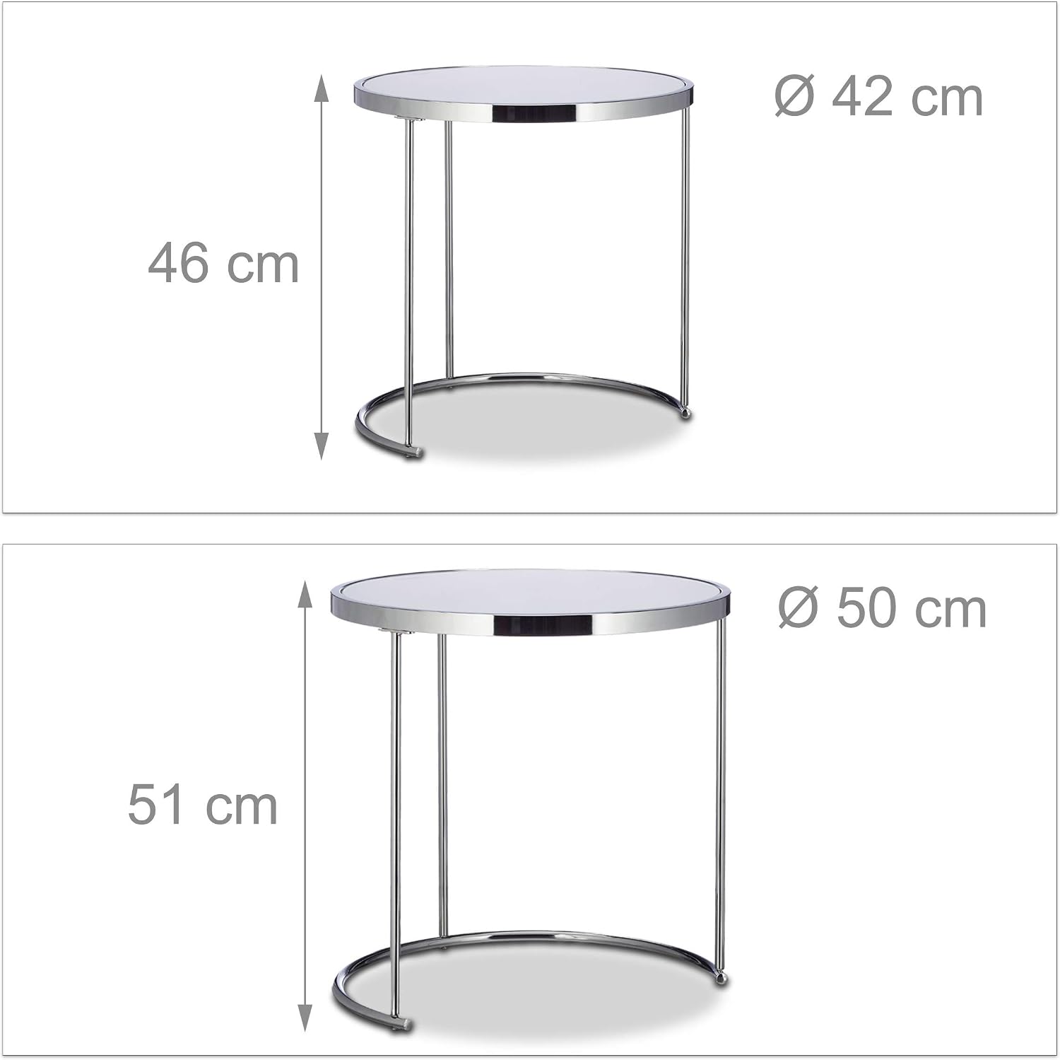 Relaxdays Nesting Round, Chrome Frame, Set of 2, Modern Design-Frosted Glass, Side End Tables, Metal, Silver, 50x50x51 cm