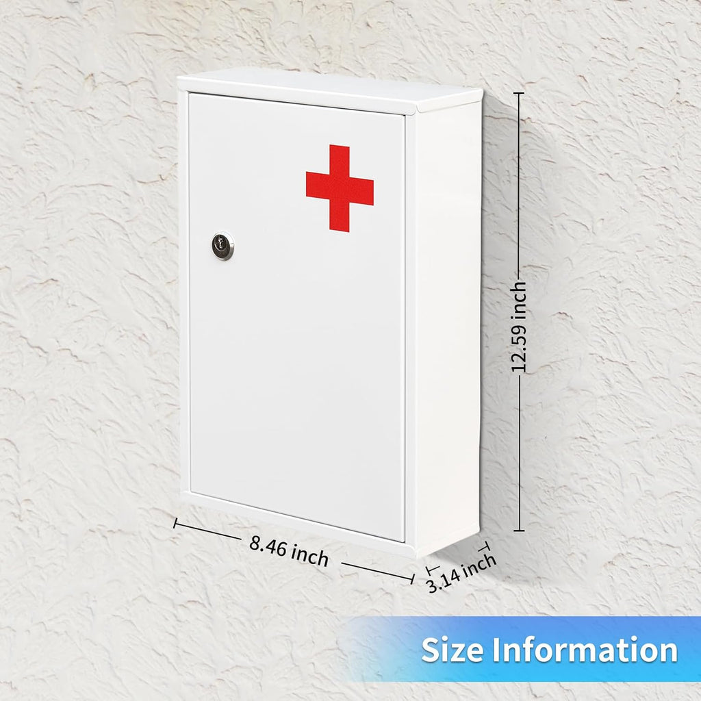 Wall Mount Locking Medicine Cabinet Organizer, Medicine Lock Box with Key, First Aid Box Empty Wall Cabinet, Secure Steel Medication Box