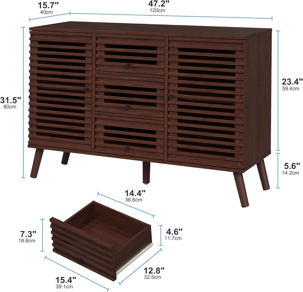Furnify Buffet Cabinet with Slatted Doors, 47" W Sideboard Buffet with D...