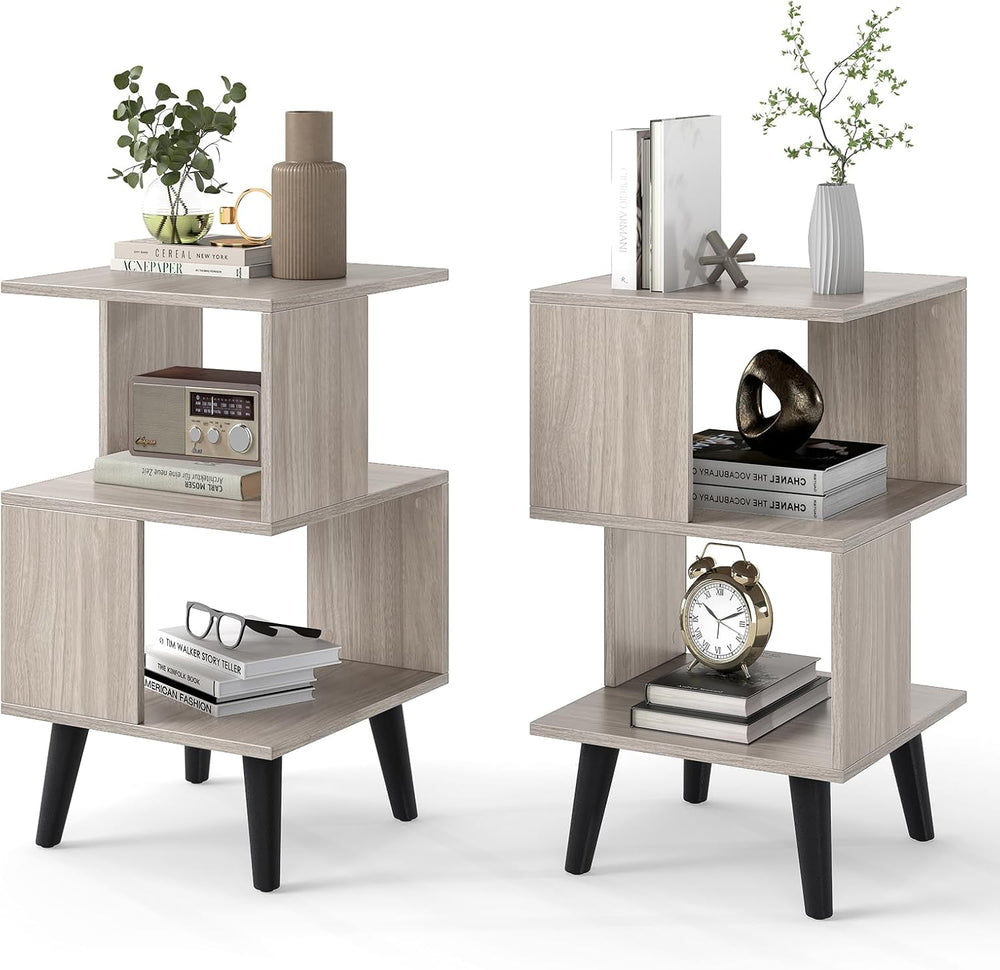 GOFLAME 3-Tier End Table Set of 2, Wood Sofa Side Table with Open Storage She...