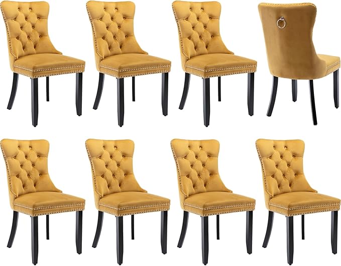 Modern Dining Chairs Set of 8, Tufted Upholstered Dining Chair with Solid Wood Legs, Yellow Velvet Accent Chair, Sillas de Comedor, Kitchen & Dining Room Chairs (Gold, Velvet, 8Pcs)