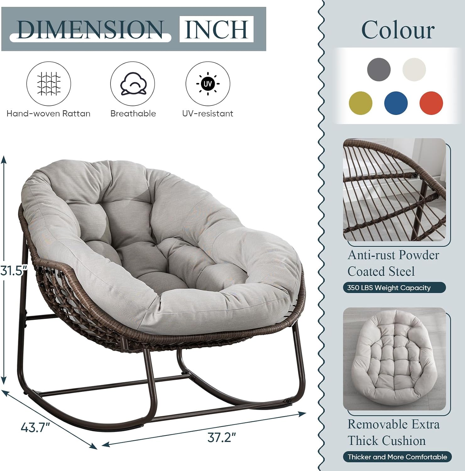 Outdoor Rocking Chair, Patio Oversized Wicker Egg Rocking Chair, Indoor & Outdoor Comfy Rocker Chair with Thick Cushion, Modern Lounge Chair for Balcony, Front Porch, Garden, Backyard, Deck, Beige