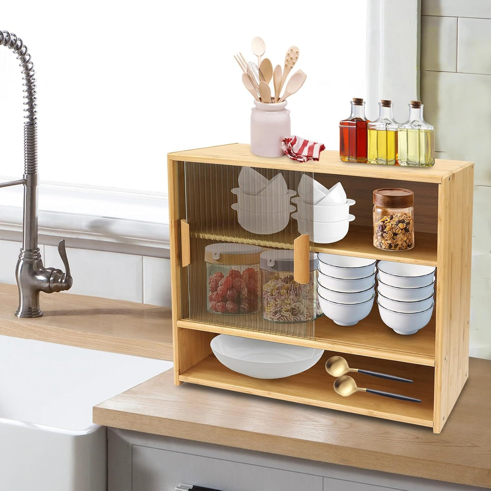 Small Bamboo Kitchen Pantry Sideboard w/ 2 Sliding Striped Glass Doors, Frees...