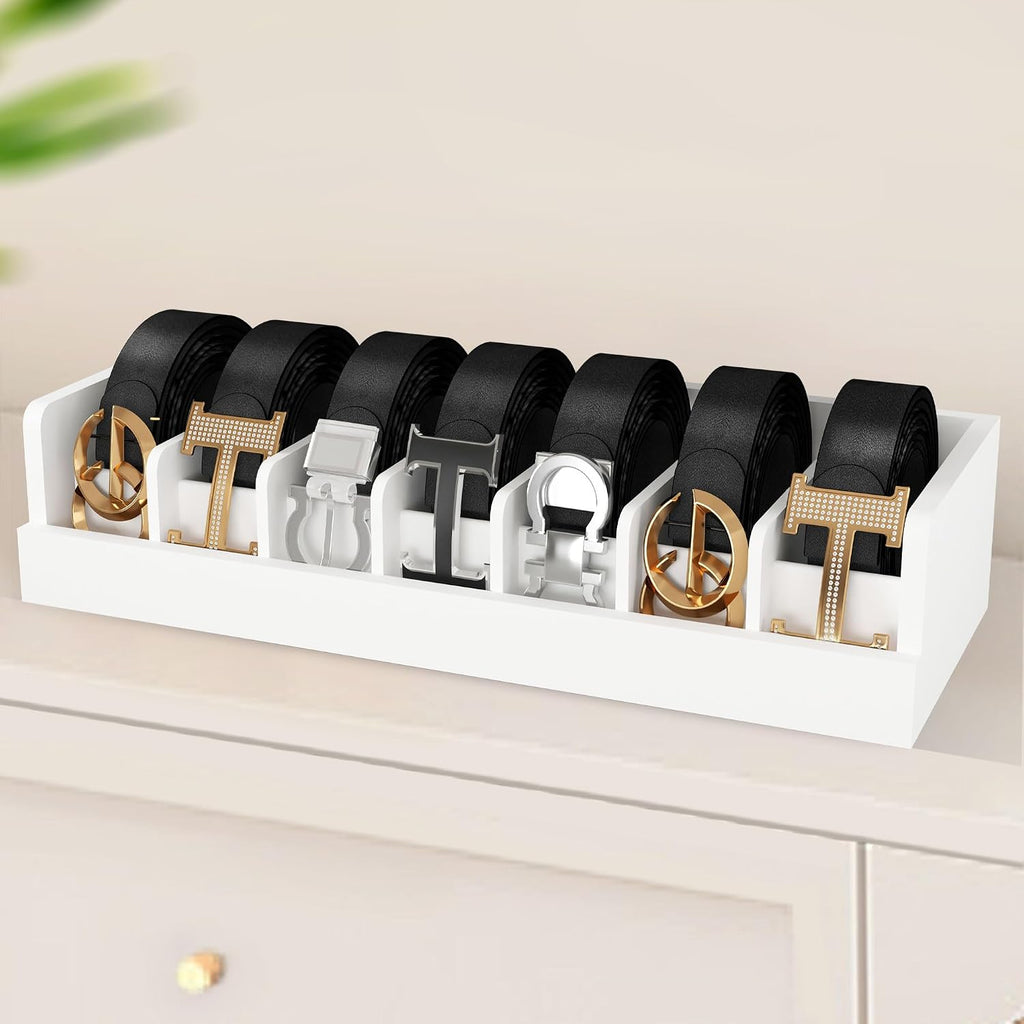 Belt Organizer for Drawer - Bamboo Belt Storage Organizer | Belt Rack for Closet Wall Mount Men Women Tie Sock Bra Scarf Ribbon(White, 2 * 7Grids)