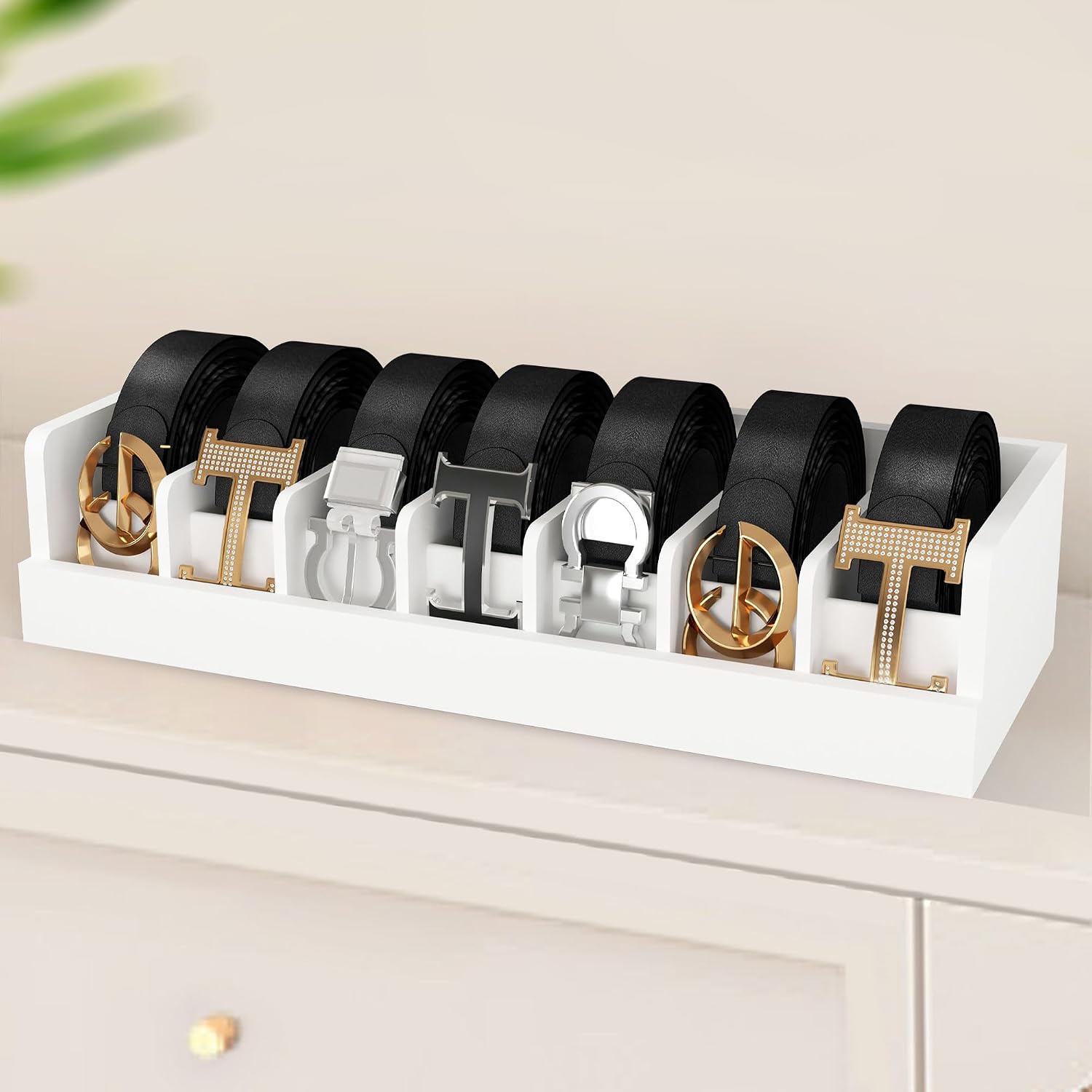 Belt Organizer for Drawer - Bamboo Belt Storage Organizer | Belt Rack for Closet Wall Mount Men Women Tie Sock Bra Scarf Ribbon(White, 2 * 7Grids)