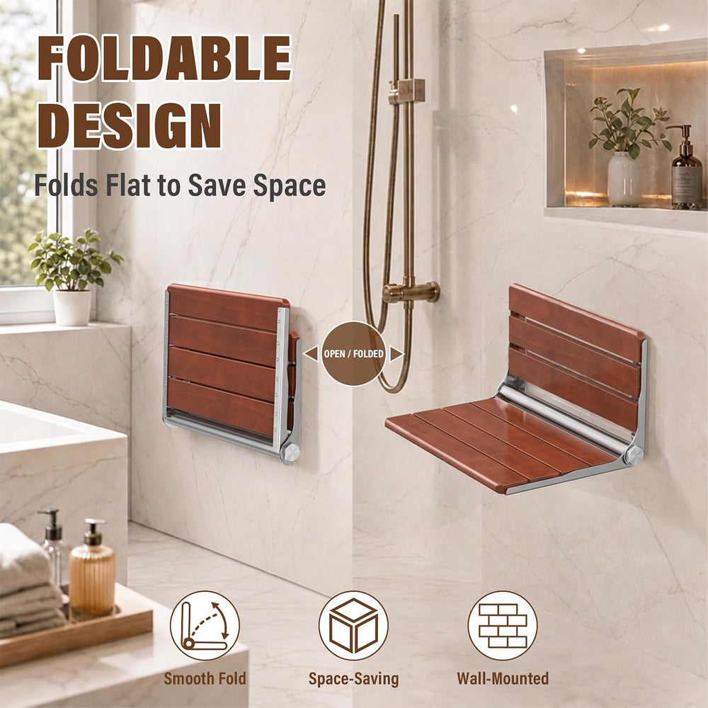 17" Folding Shower Seat Wall Mounted, Foldable Teak Shower Bench, Max 440lb