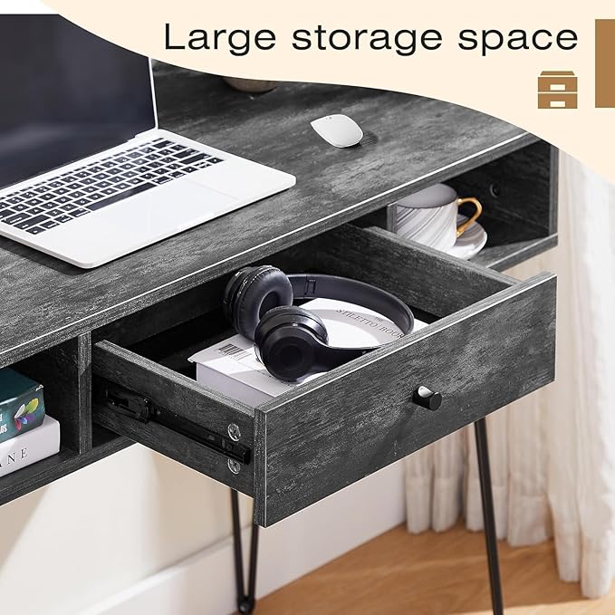 VECELO 39.3" Home Office Work Table with Drawers,Computer Desk with Hairpin Leg for Writing/Study,Classic Grey