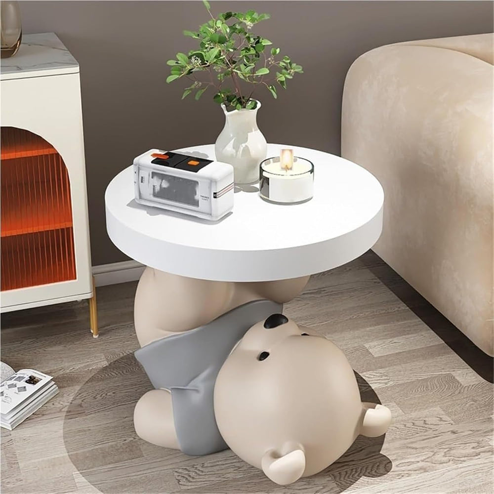 Bear Statue End Table, Round Side Table, Resin Sculpture Bedside Table, Small...