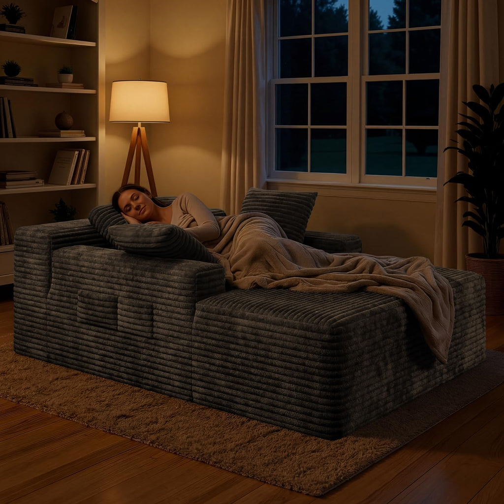67" Boneless Chair, Chaise Lounge Chair Indoor with 3 Pillows, Gray | No-Assembly Corduroy Chaise Lounge;Oversized boneless chaise lounge with Side Pockets;Pet-Friendly Fuzzy Reading Chair