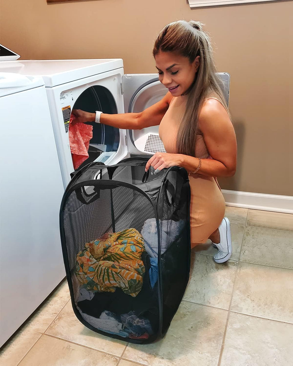 2 Pcs Strong Mesh Pop-up Laundry Hamper, Quality Pop Up Hampers for Laundry with Durable Handles Solid Bottom High Carbon Steel Frame, Easy to Open and Fold Flat for Storage(Black)