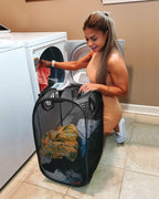 HOUSE AGAIN Mesh Popup Laundry Hamper, [Reinforced] Collapsible Laundry Basket, Foldable Pop Up Hamper with Durable Handles, Easy to Open and Fold for Dorm, Laundry Room, Bedroom, Travel, (Black)