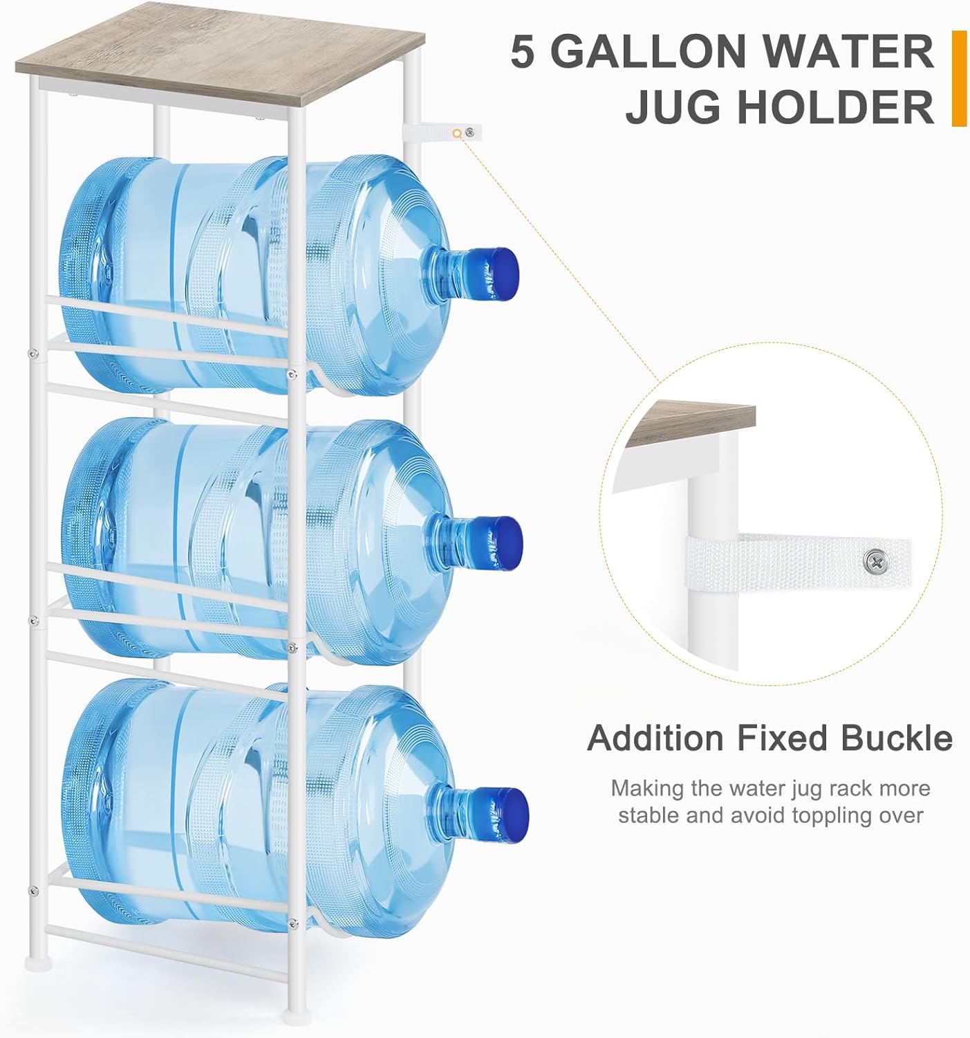 OYEAL Water Bottle Storage Holder 5 Gallon Drink Dispenser Stand with Table 3-Tier Heavy Duty Water Cooler Jug Rack Water Bottle Organizer for Kitchen, Office, Living Room, Rustic Grey