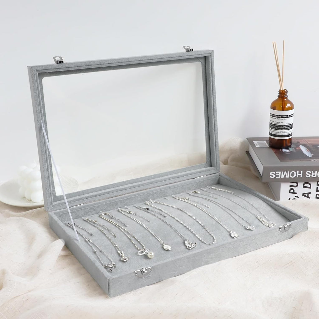 Wudygirl 20 Hooks Necklace Organizer Velvet Jewelry Organizer Showcase for Necklaces Jewelry Box Stackable Glass Top Lockable (Necklace Organizer)