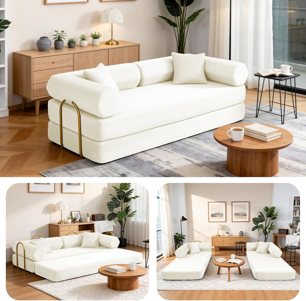 79" Corduroy Sofa Bed, Couch in a Box with 2 Pillows, High-Density Foam ...