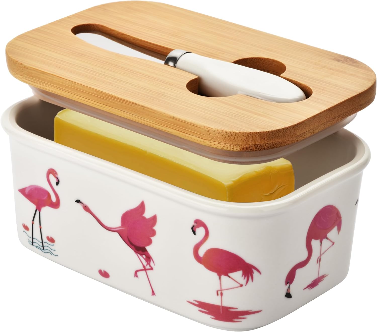Cute Cat Large Butter Dish with Lid for Countertop,Cute kitten Ceramic Covered Butter Holder with Knife for Fridge, Airtight Butter Keeper Container Storage for East West Coast Butter,White