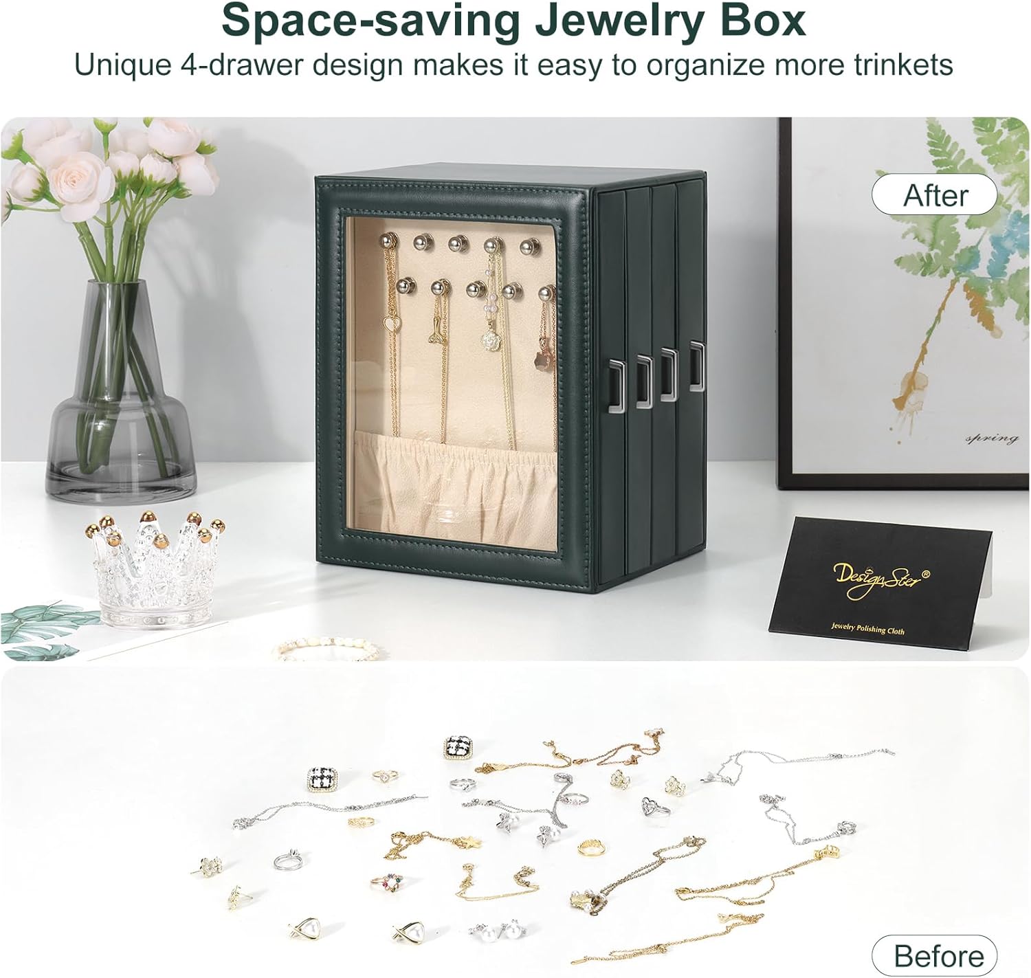 DesignSter Jewelry Box Organizer, Jewelry Box for Women, PU Jewelry Organizer Display Case with Side Drawers, Jewelry Storage for Earring Necklace Ring Bracelet Watch