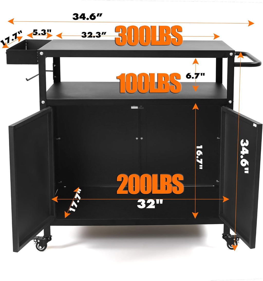 Grill Cart with Storage, Outdoor Bar Cart Rolling BBQ Cart Movable Pizza Oven Table Stand with Foldable Stainless Steel Top & Storage Cabinet, Black（34.6 x 17.7 x 34.6 Inch）