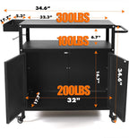 Grill Cart with Storage, Outdoor Bar Cart Rolling BBQ Cart Movable Pizza Oven Table Stand with Foldable Stainless Steel Top & Storage Cabinet, Black（34.6 x 17.7 x 34.6 Inch）