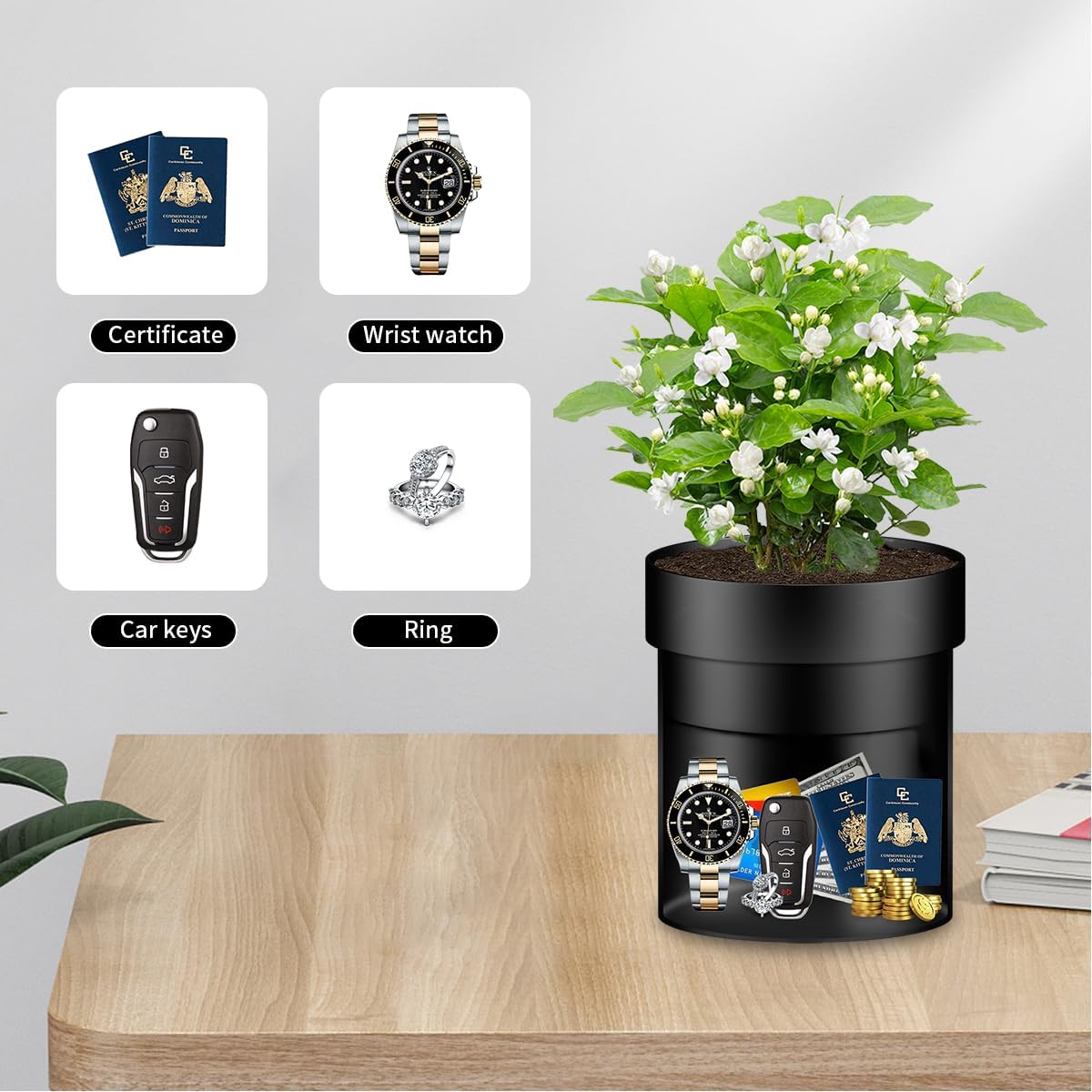Sdstone Fireresistant Waterproof Flower Pot Diversion Safe with Key Lock,Stainless Steel Secret Hidden Safe,Perfect for Hiding The Valuables Inside (Black) Plants Not Include