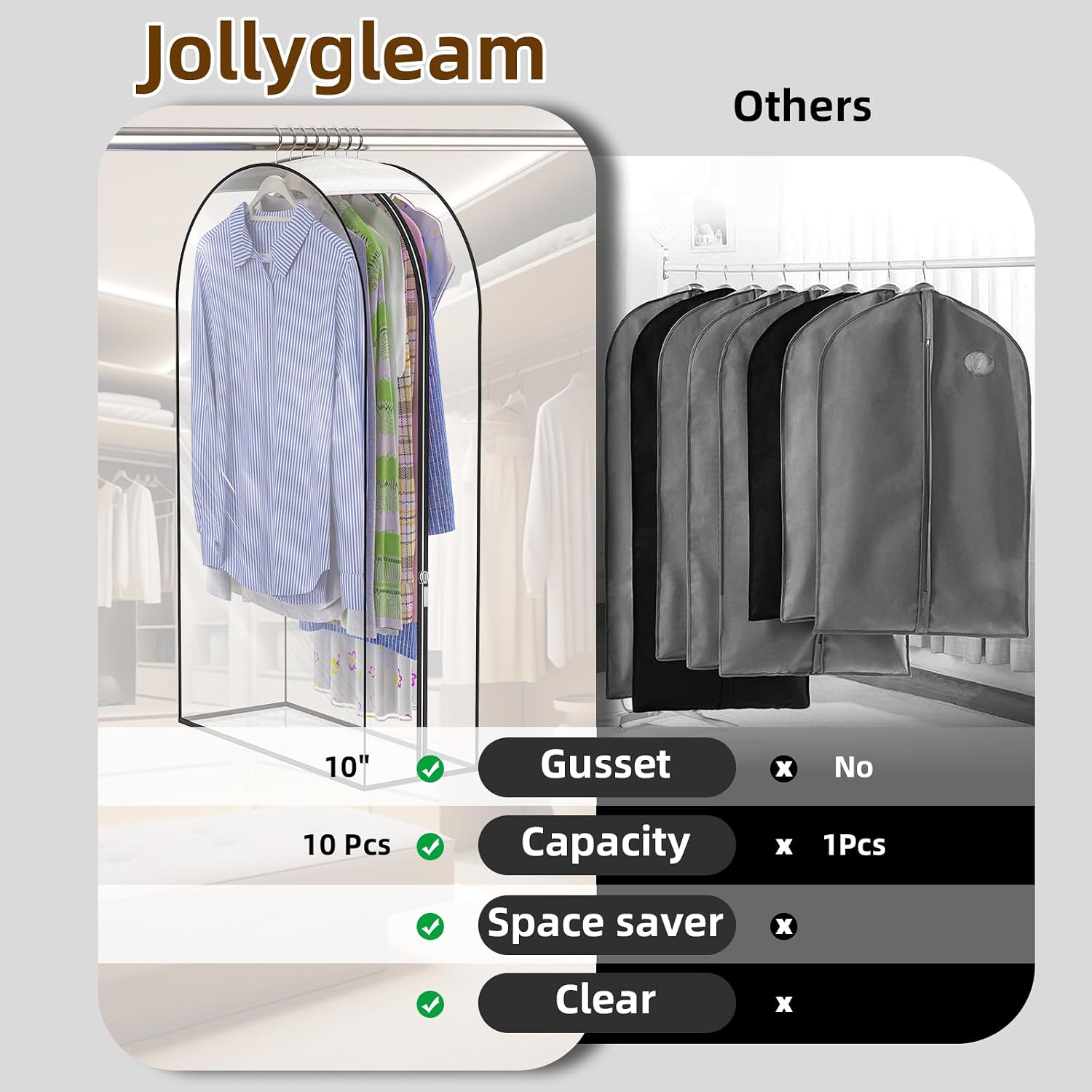 Clear Garment Bags for Hanging Clothes, 4-Pack, 2x40"+2x50" | Upgraded thickened clear garment bags with 10" gusset for closet storage of shirts, coats, dresses
