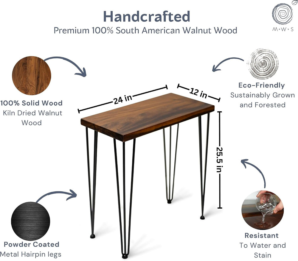 Walnut Solid Wood Side Table - 24 W 12 D Narrow End Table for Living Room, Ha...