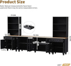 Farmhouse TV Stand with Bookshelves & Tempered Glass Doors, Entertainment Center with Adjustable Shelves for TVs up to 70'', Media Console with Solid Wood Gourd-Shaped Legs, Black
