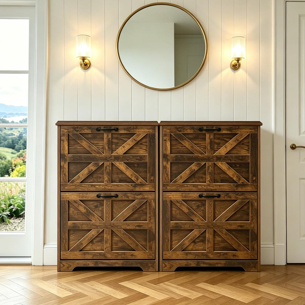 Shoe Cabinet with 2 Flip Drawers Set of 2, Farmhouse Shoe Storage for Entrywa...