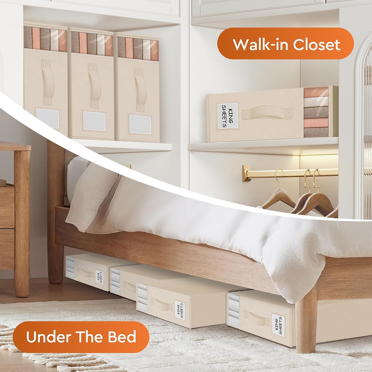 8 Pack Bed Sheet Closet Organizers and Storage,Sturdy Foldable Storage Containers with Window and Label,Storage and Organization for Bedding Sheets,Duvet Covers,Blankets (Beige)