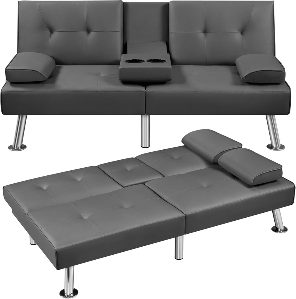Yaheetech Convertible Futon Sofa Bed Loveseat with Cup Holder, Gray | 3 Angle...