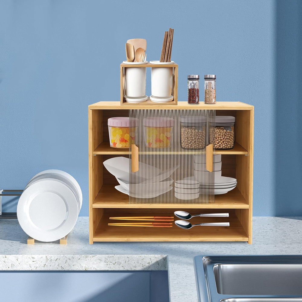 Small Bamboo Kitchen Pantry Sideboard w/ 2 Sliding Striped Glass Doors, Frees...