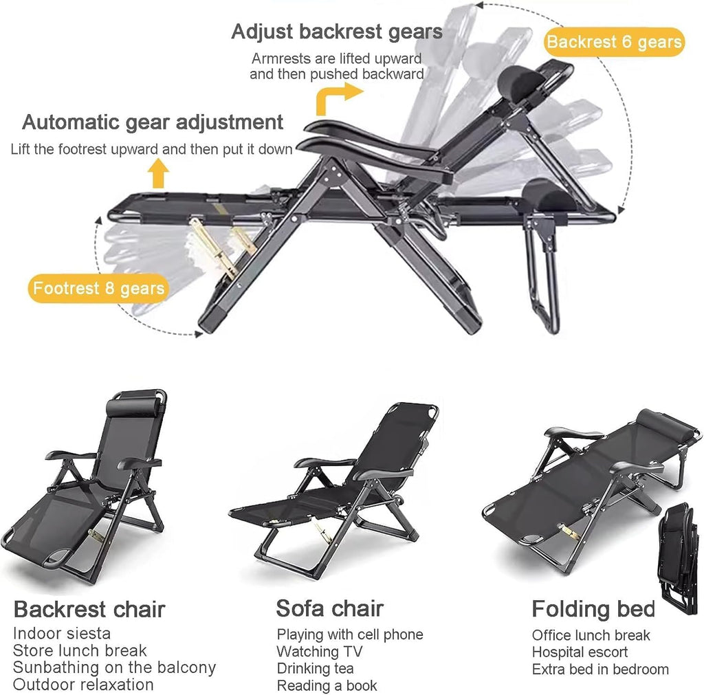 Black Gravity Chair Folding Reclining Lounge with Removable Cushion and Pillow, Sturdy & Comfortable,