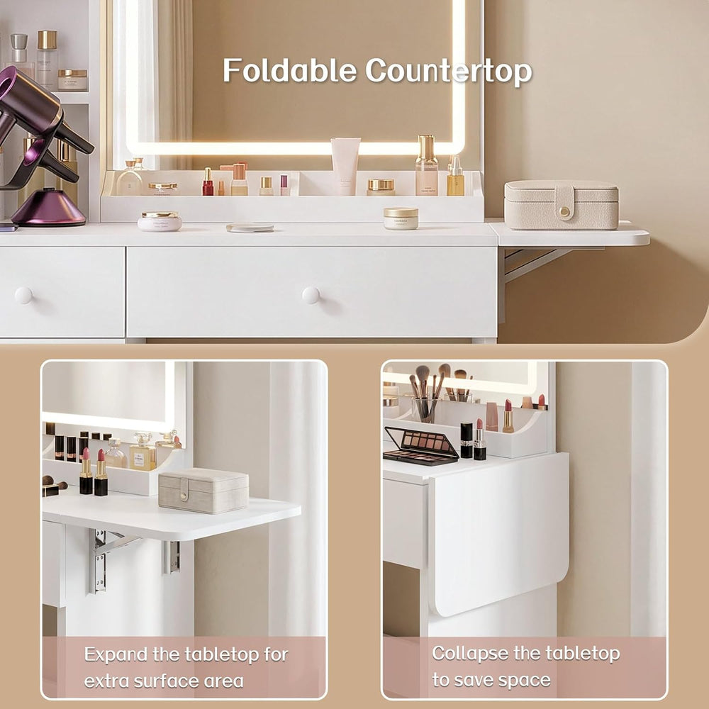 Haewon Vanity Desk Set with Lighted Mirror and Chair, White | Makeup Table wi...
