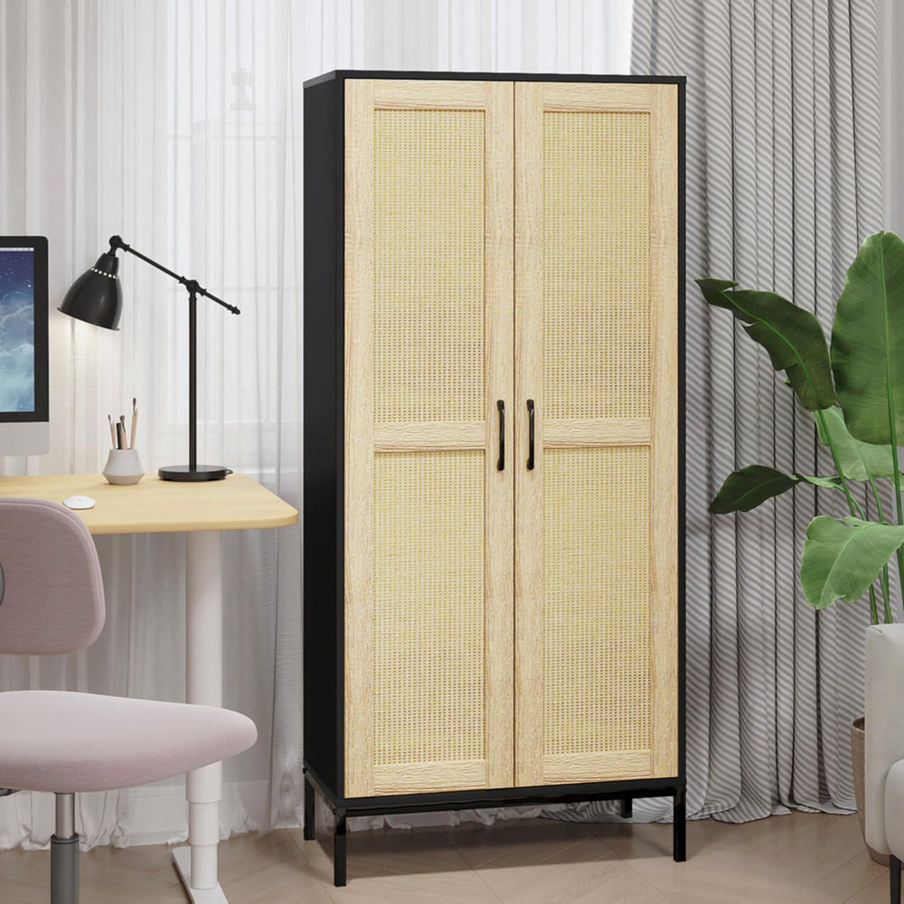 60" Tall Kitchen Pantry with 2 Rattan Doors and 3 Adjustable Shelves,Fre...