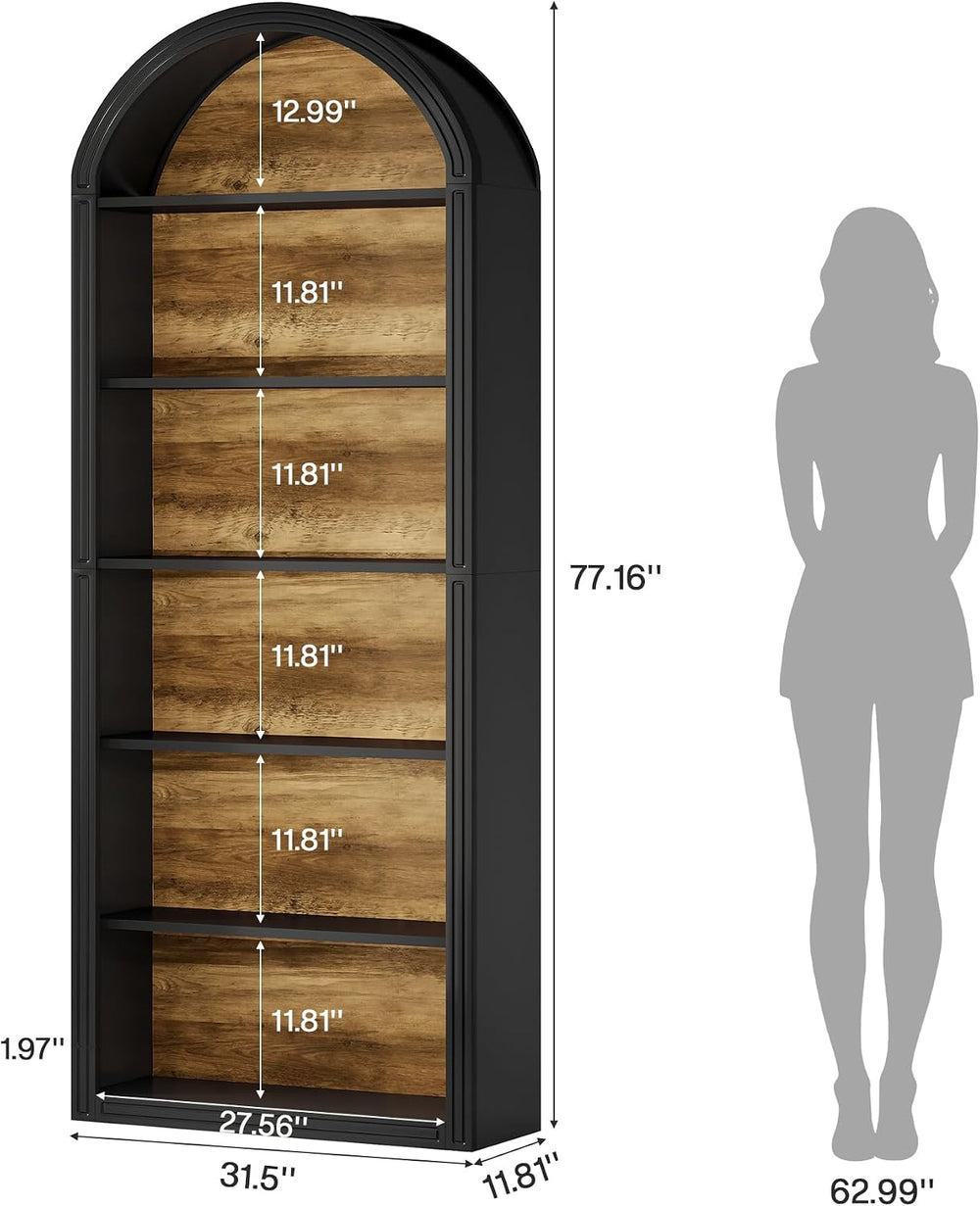 Tribesigns 6-Tier Black Arched Bookshelf, 77.16" Tall Arched Bookcase wi...