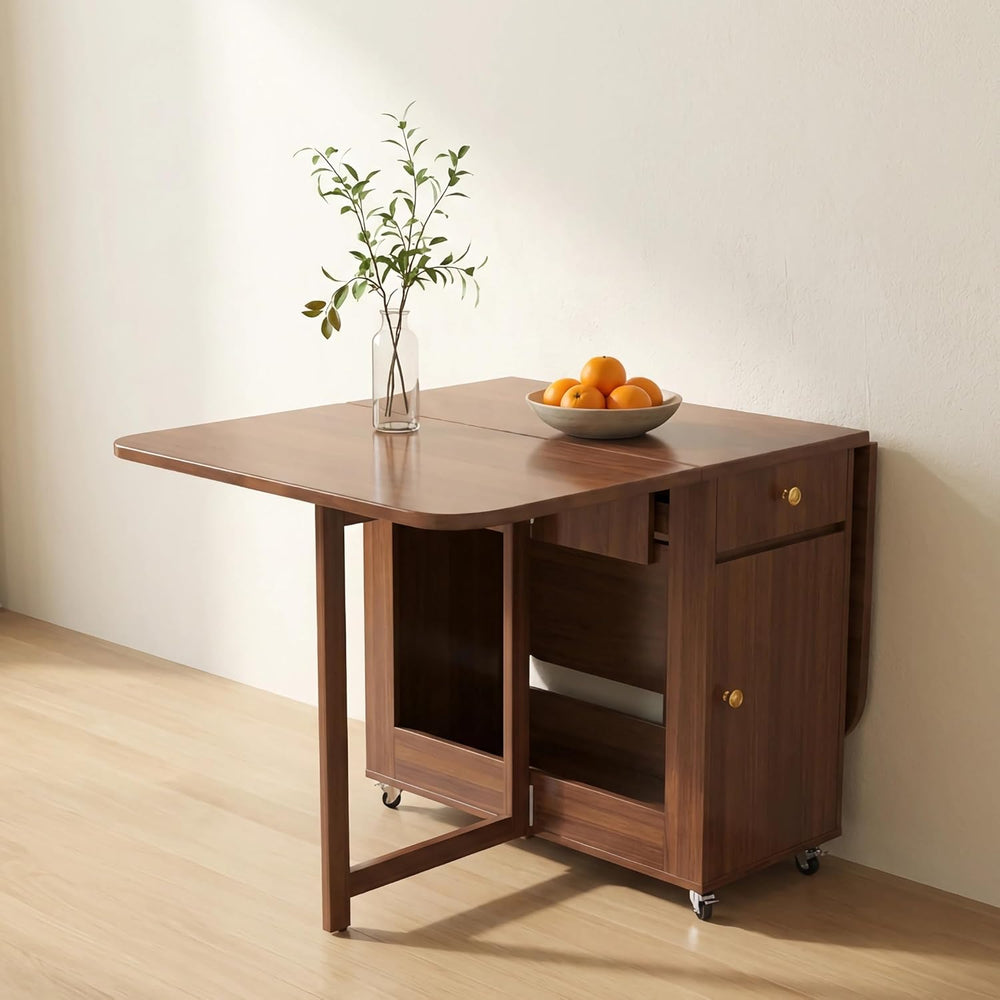 Extendable Drop Leaf Folding Dining Table with 2 Hidden Storage Drawers and 4...