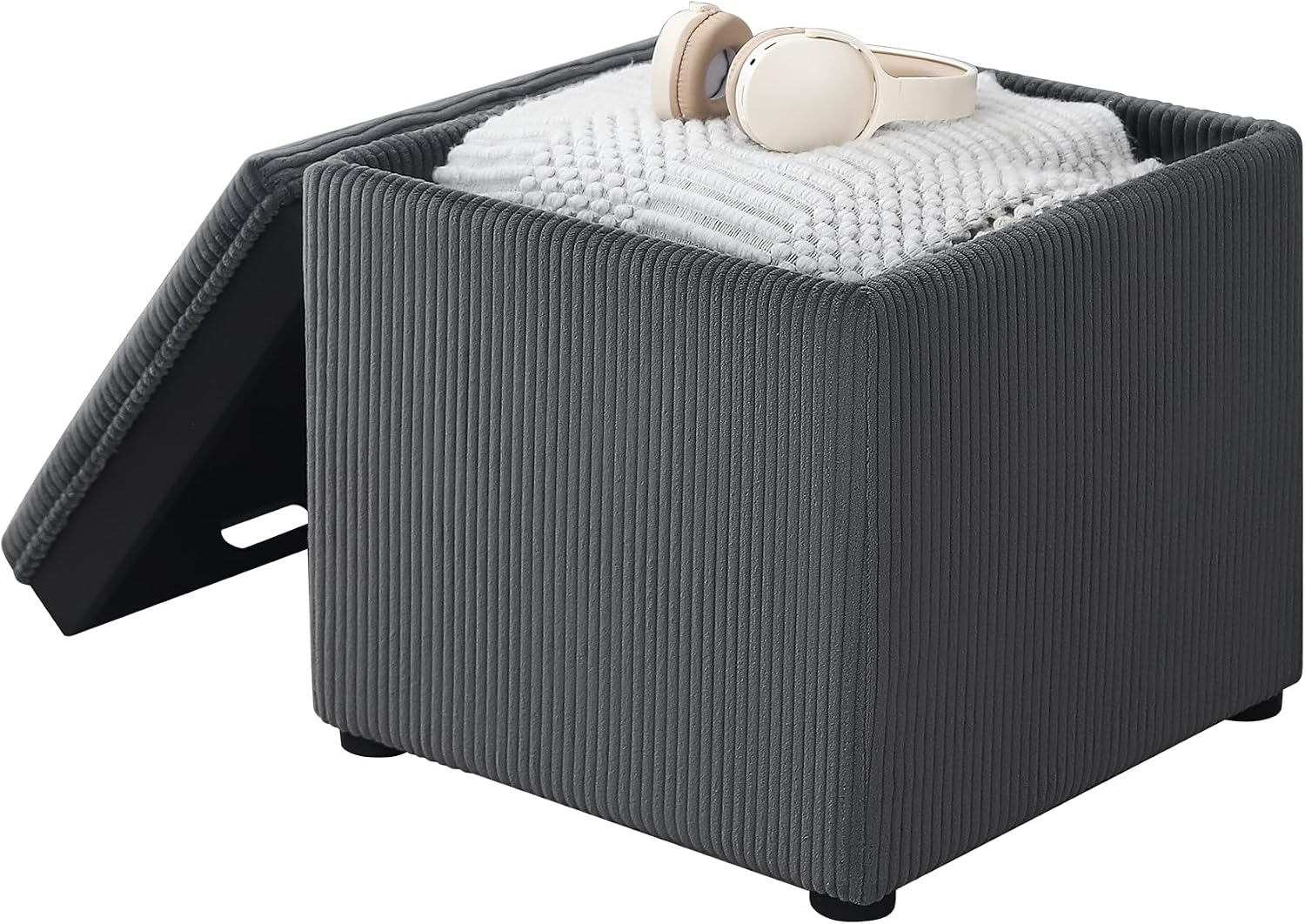 Adeco 17" Corduroy Storage Ottoman with Reversible Tray Lid, Modern Square Footstool for Living Room, RV & Dorm, Sturdy 355lbs Capacity Coffee Table & Side Table, Gray
