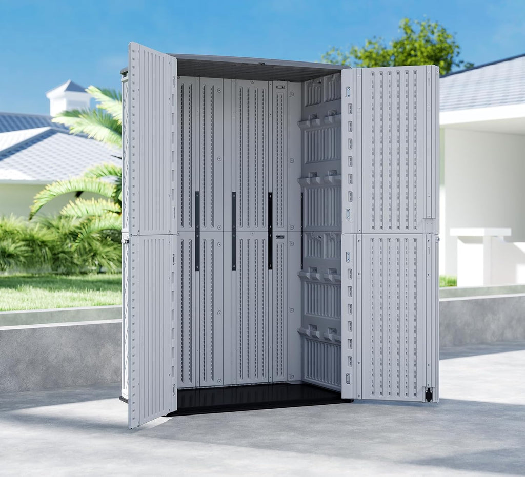 HOMSPARK Storage Shed Weather Resistance, Multi-Purpose Outdoor Storage Cabinet for Backyards and Patios, Horizontal Storage Shed for Lawnmower, Patio Accessories (White, Tall - 53 cu.ft)