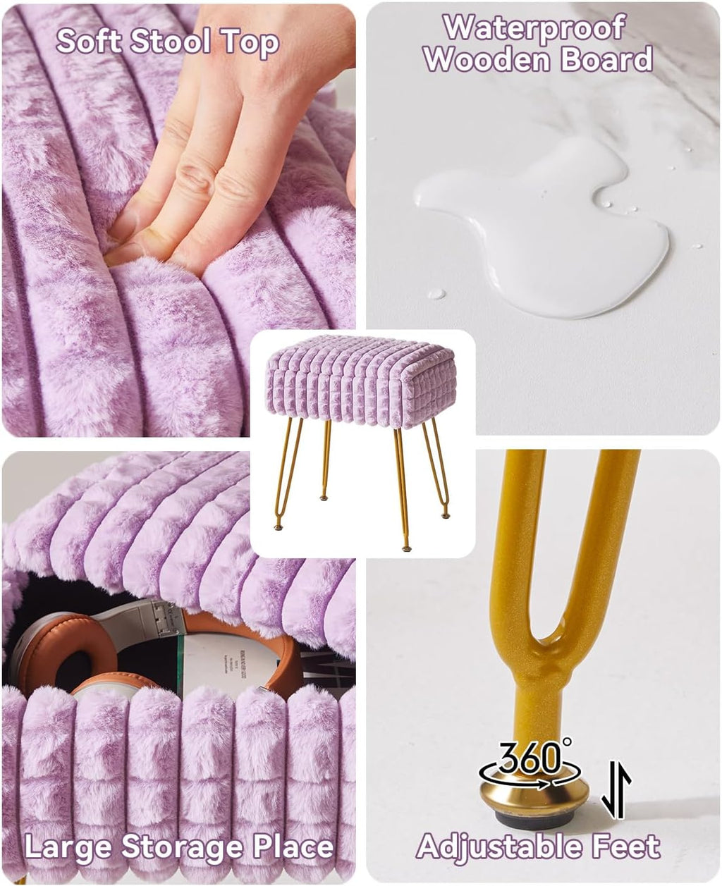 IBUYKE Rectangle Vanity Chair Ottoman, Footrest Stool, Purple WBD004V | Storage Space Footstool Vanity Stool Dressing Table Chair Anti-Slip Feet Makeup Room Bedroom Square Grid Pattern