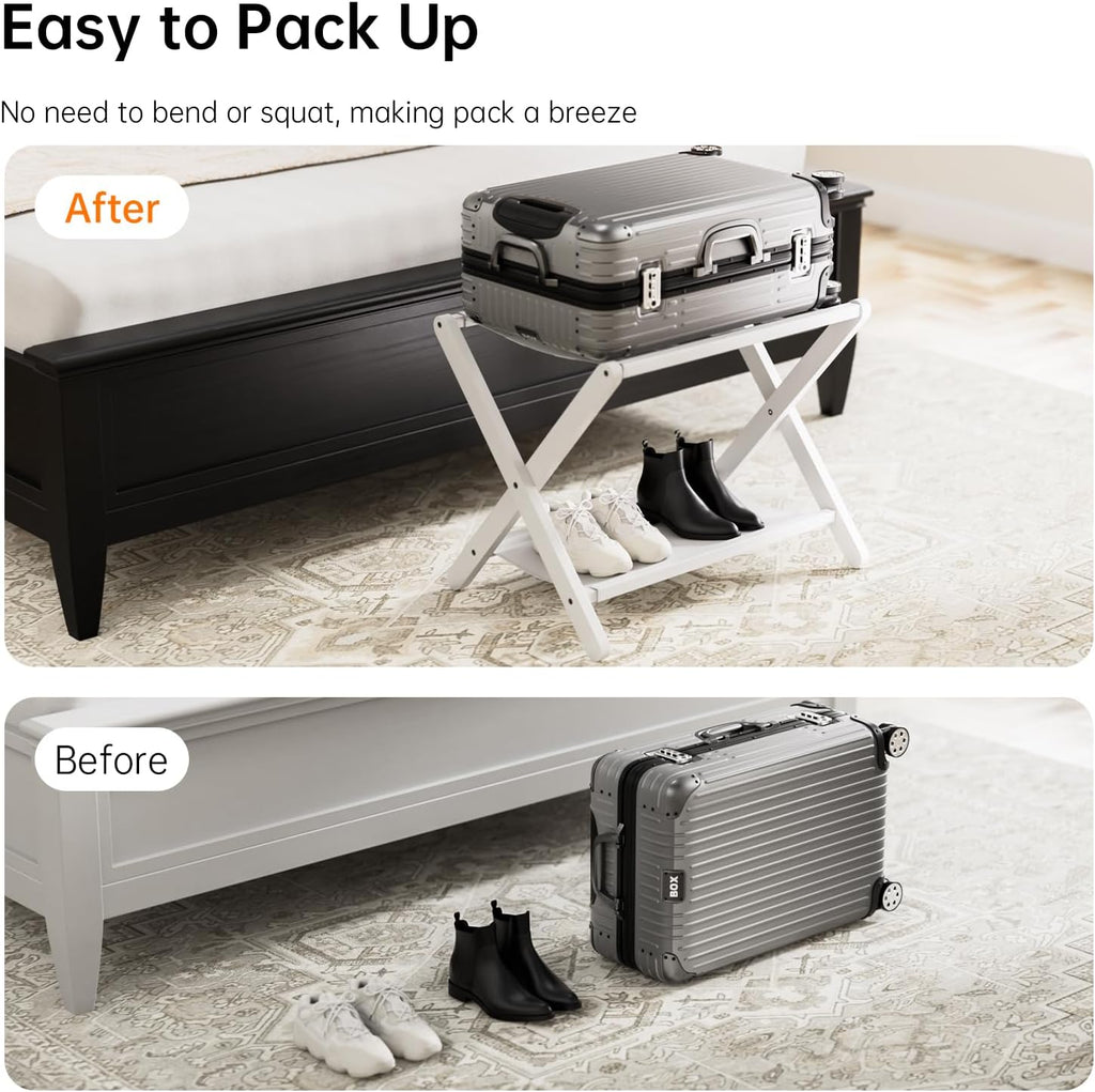 HITNET White Luggage Rack, Set of 2, Folding Suitcase Stand with Storage Shelf, Bamboo Luggage Holder with 5 Nylon Straps for Guest Room Bedroom Hotel