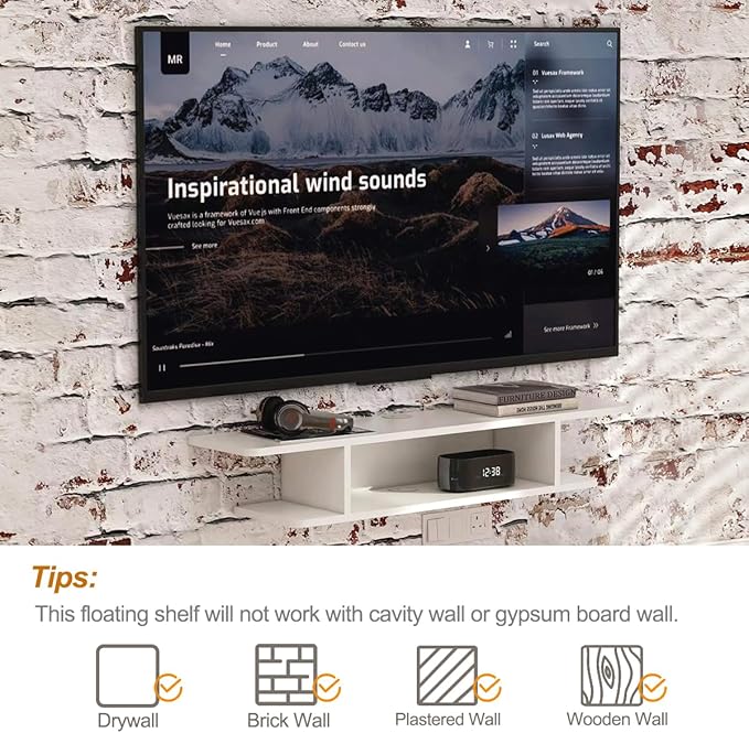 GHC Floating TV Stand, Wall Mounted Entertainment Center and Cabinet Shelf, TV Console with Storage, Media Console for DVD Player, Space-Saving Under TV Shelf for Bedroom, Living Room (White)