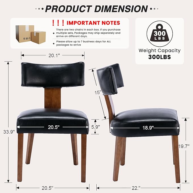 HNY Century Modern Dining Chairs Set of 6, Farmhouse PU Leather Upholstered Accent Chair Curved Backrest Kitchen Chairs, with Hardwood Frame, Black 6PC