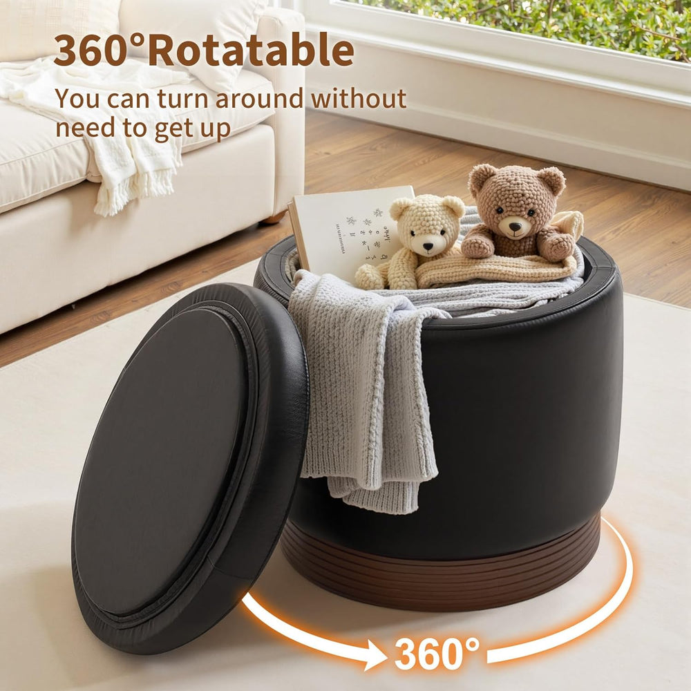 19" Round Swivel Storage Ottoman with Tray Top, Upholstered Faux Leather...