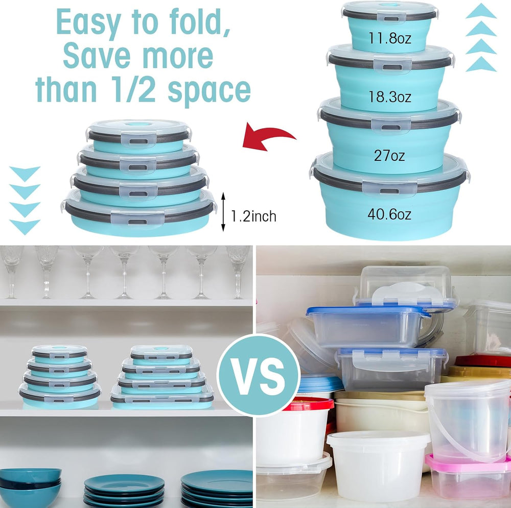 Yaomiao 16 Pack Collapsible Food Storage Container with Lid, Gray, Blue