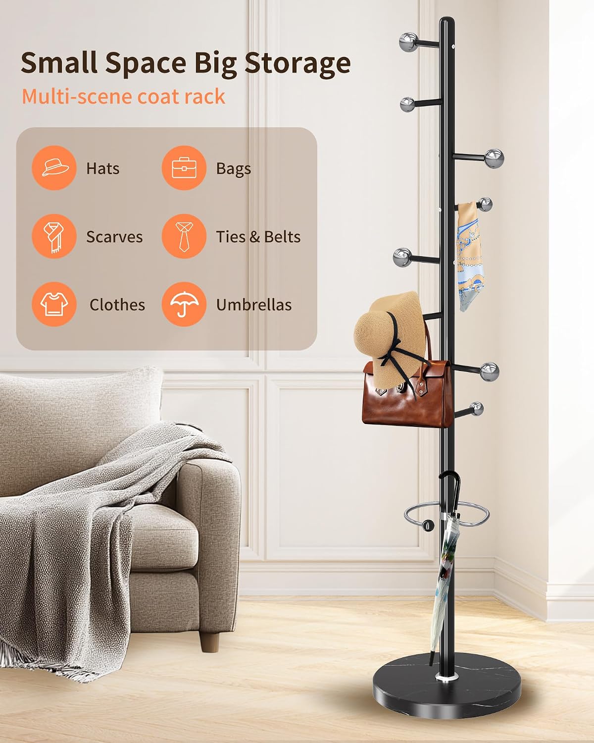 ZOZOE Metal Coat Rack Stand, Modern Coat Rack Freestanding with Natural Marble Base, Sturdy Industrial Coat Racks with 8 Hooks & Umbrella Holder,Black Coat Tree Hanger Stand for Entryway,Office