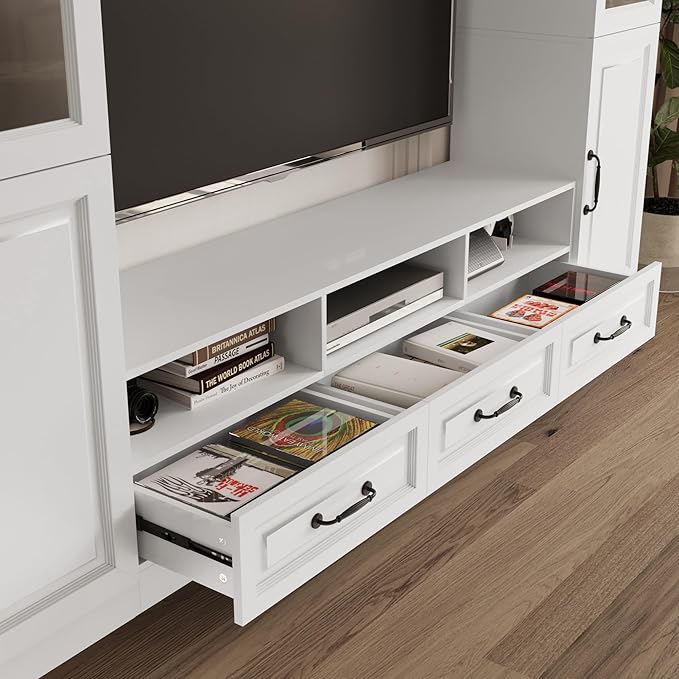 110.2" Entertainment Center Wall Unit with Glass Doors & Drawers, Large Wall Unit TV Stand for TVs up to 70", Media Console Table for Living Room, Can be Split into 4 Separate Cabinet, White