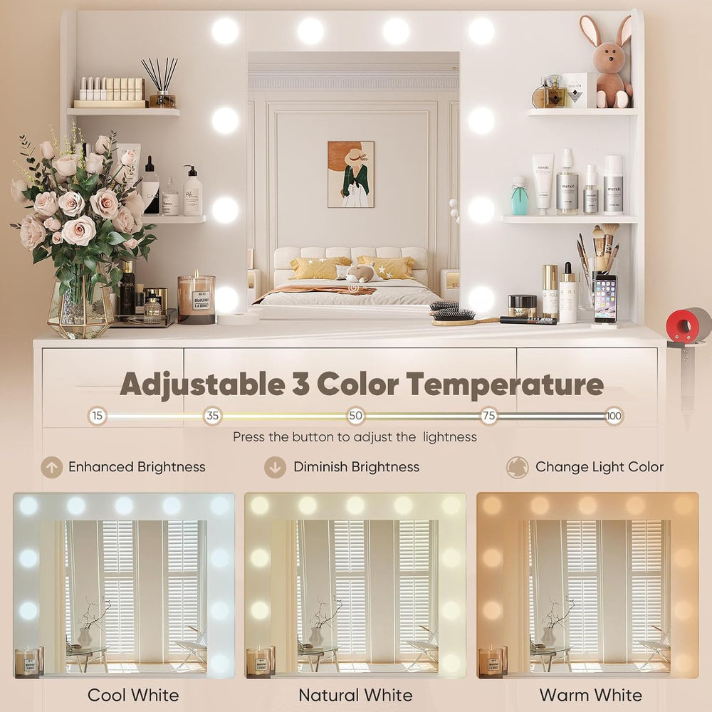 OLIXIS Vanity Desk with Mirror and LED Bulbs, Power Outlet Makeup Table with ...