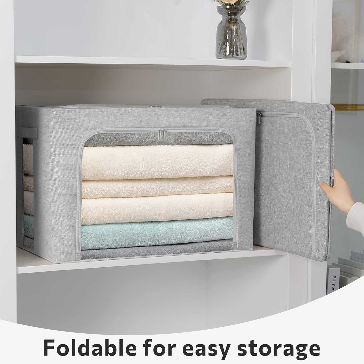 FHSQX 2 Pack Clear Window Storage Bins - Large Stackable Linen Fabric Storage for Clothes Foldable Container Organizer Set with Carrying Handles (Light Gray, 23.6x 16.5x 15.7 Inch)
