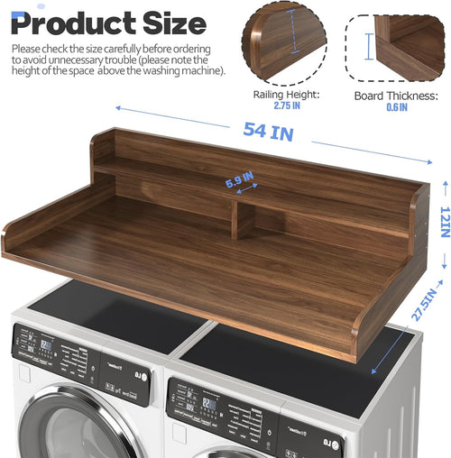 2-Tier Washer and Dryer Countertop with 2.75" H Guard,54" W x 27.5" D Laundry Countertop Cover with Non-Slip Pad,Large Space Laundry Topper for Folding Clothes Over Washer and Dryer-Dark Walnut