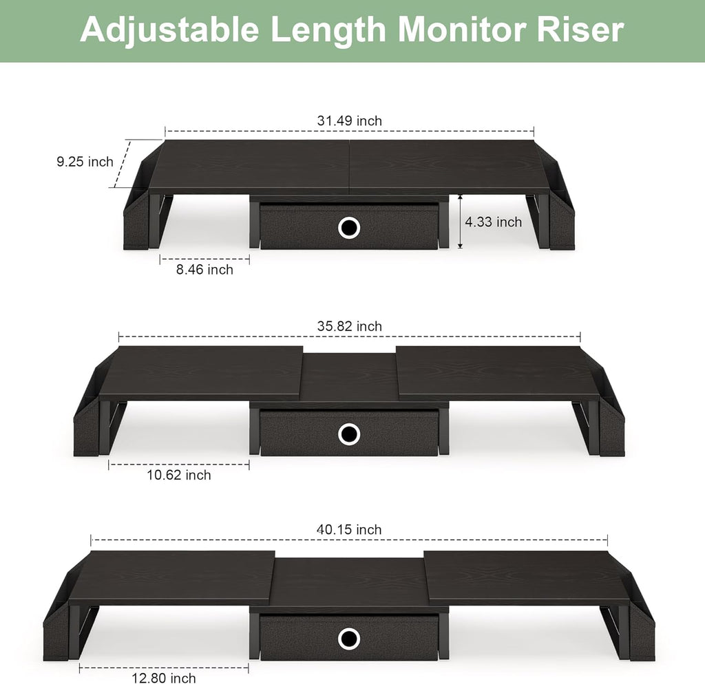 Dual Monitor Stand Riser w/ Drawer & Metal Leg, Large Computer Monitor Riser w/ Storage For 2 Monitors, Desk Shelf For Monitor w/ Adjustable Length & Angle, Desktop Organizer For Laptop/TV/Printer