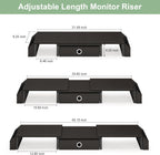 Dual Monitor Stand Riser w/ Drawer & Metal Leg, Large Computer Monitor Riser w/ Storage For 2 Monitors, Desk Shelf For Monitor w/ Adjustable Length & Angle, Desktop Organizer For Laptop/TV/Printer